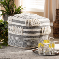 Baxton Studio Kirby-Ivory/Grey-Pouf Kirby Moroccan Inspired Grey and Ivory Handwoven Cotton Pouf Ottoman